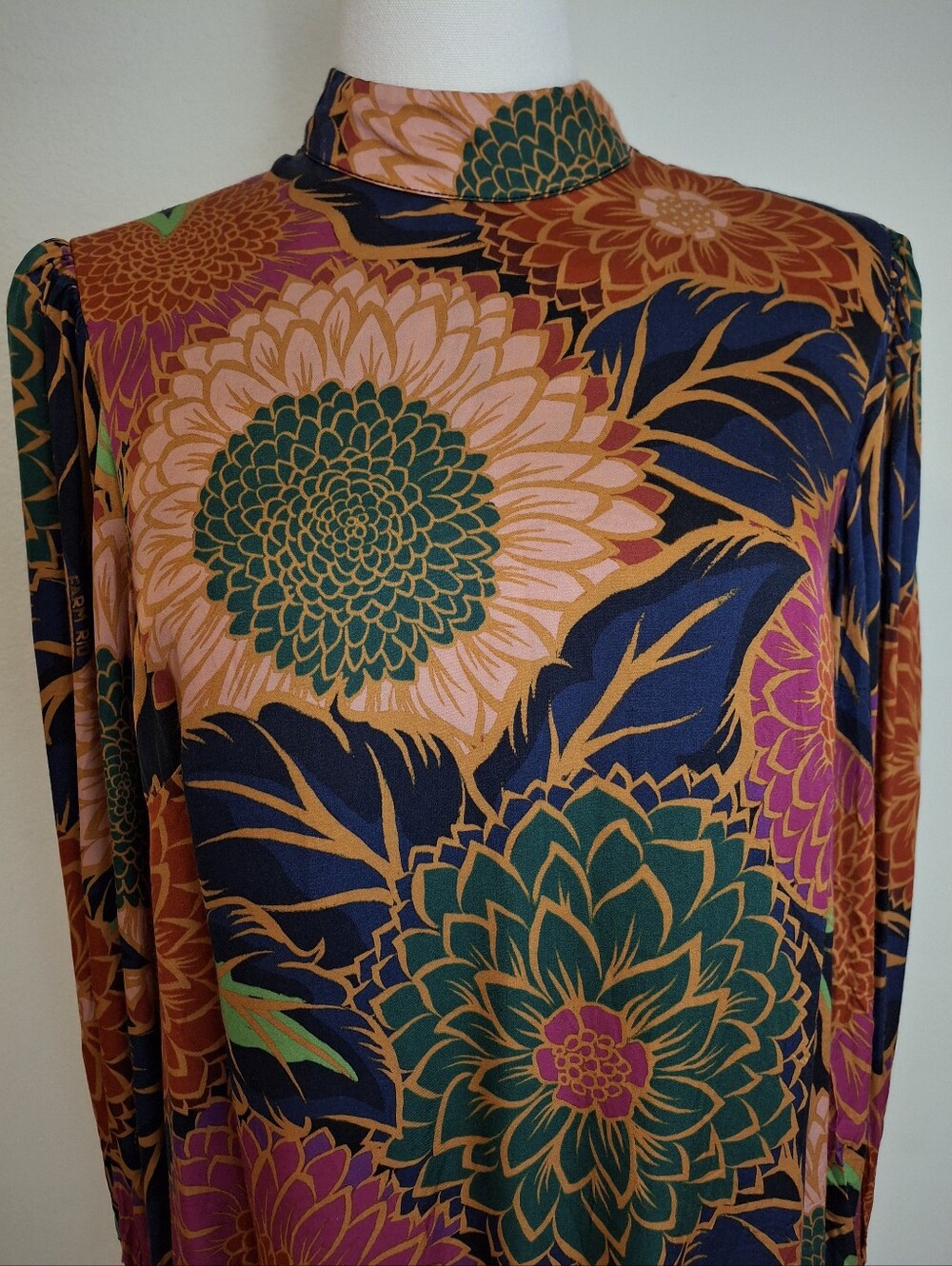 Farm Rio Anthropologie Vintage Garden Floral Balloon Sleeve Satin  Blouse - Picture 6 of 16